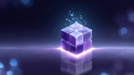 A glowing purple cube surrounded by sparkling lights on a dark background, conveying a sense of mystery and creativity.