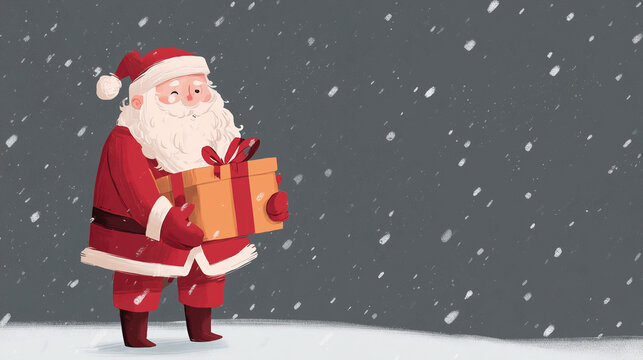 Ilustra&ccedil;&atilde;o de Papai Noel segurando presente em cen&aacute;rio natalino com neve, representando esp&iacute;rito do Natal, generosidade, tradi&ccedil;&atilde;o e celebra&ccedil;&otilde;es de fim de ano.