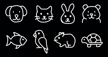 Adorable Cat, Fish, Bird, Tortoise and etc Line Vector Kitten Icon – Whimsical Cartoon Character Illustration in Clean Red Doodle Style