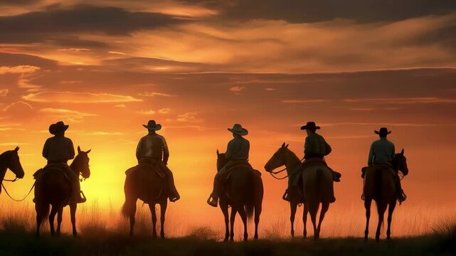 Five horsemen against the backdrop of a prairie sunset convey a spirit of freedom and adventure &mdash; an excellent background for travel websites or active holiday advertising.
