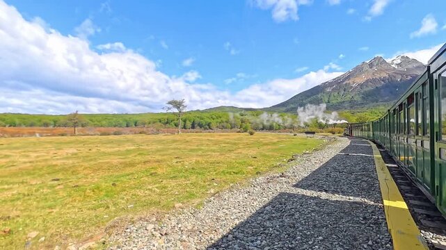 A historical steam locomotive winds through Tierra del Fuego National Park in Ushuaia, Argentina, offering a glimpse into the past as it follows tracks built by prisoners.