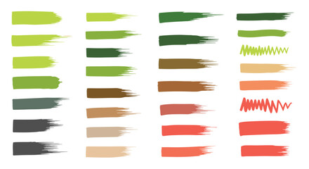 Obraz premium Assortment of textured brush strokes and swatches in a natural palette of green, brown, grey, and muted red colors.
