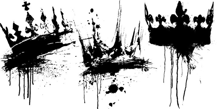 Black ink splatter crown shapes illustration set for creative design