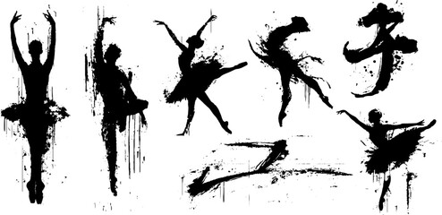 Black ink splatter ballet dance figures illustration for artistic design