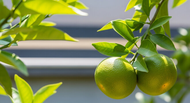 Two unripe oranges hang from a tree branch, surrounded by vibrant green leaves, bathed in soft sunlight, creating a refreshing and natural scene