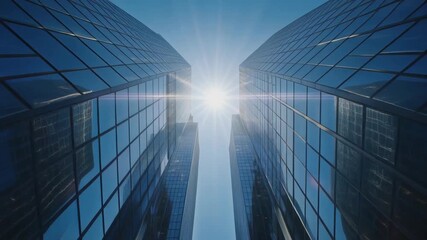 Dynamic architectural shot of modern glass skyscrapers reaching for the sky with a brilliant sunburst, symbolizing urban growth and success. - Powered by Adobe