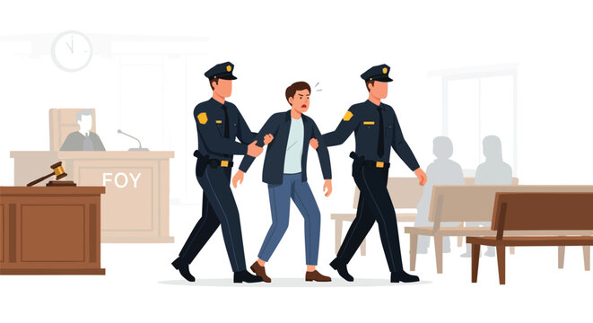 Two police officers escorting an angry man out of a courtroom with a judge and jury in the background