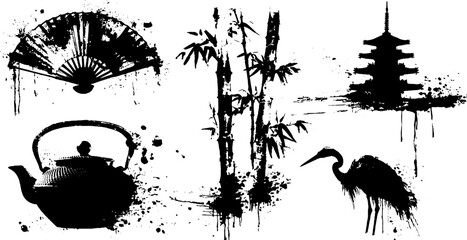 Naklejka premium Eastern inspired black ink splatter elements featuring bamboo, pagoda, and more