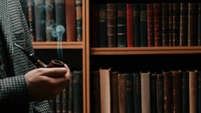 Person holding smoking pipe in library setting