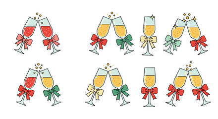 Set of clinking champagne glasses with colorful bows, celebrating a festive occasion like New Year's Eve or a wedding.