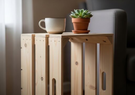 Cozy home setup: mug, succulent on wooden crate side table - Powered by Adobe