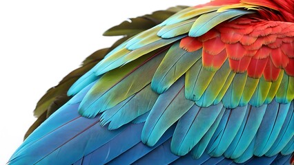 Obraz premium Colorful feathers with vibrant colors on the back of macaw parrot With shadow. AI GENERATED. 