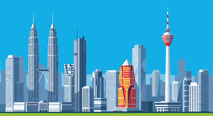 Kuala Lumpur Cityscape with Iconic Petronas Towers and KL Tower Under a Clear Blue Sky