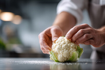 Chef preparing fresh cauliflower. Hands carefully inspect the vegetable. Represents healthy eating, organic produce, culinary artistry, and food preparation.