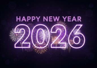 Happy new year 2026 neon glowing text with fireworks celebration