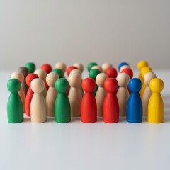 colorful wooden toys symbolize unity, diverse wooden characters arranged for team building