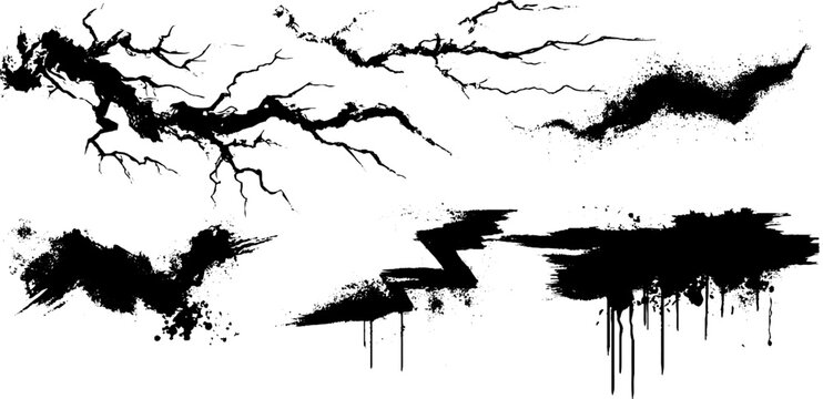 Abstract grunge lightning shapes with black ink splatter illustration for artistic design