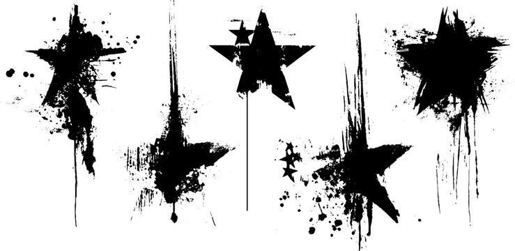 Vintage grunge star set with black ink splatter for creative design projects