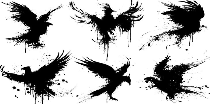 Collection of black ink splatter harpy silhouettes for artistic designs