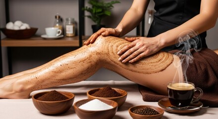 Woman receiving coffee body scrub treatment on her leg. Spa self care procedure for skin exfoliation and beauty. Wellness and relaxation concept.