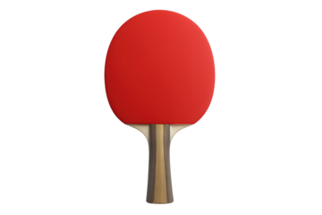 Red table tennis paddle with wooden handle against transparent background