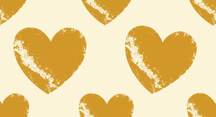 Warm and simple seamless pattern of large, golden-yellow hearts with a distressed grunge texture, creating a rustic and loving background design.