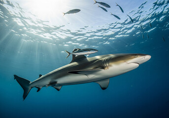 Caribbean Reef Shark Swimming with Remora Fish Under Sunlit Ocean Surface and Blue Water