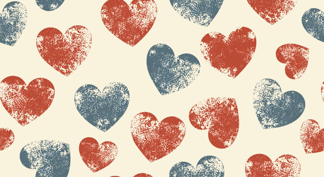 Vintage-style seamless pattern of scattered hearts in rustic red and blue with a heavy grunge texture, creating a worn, stamped look on a cream background.