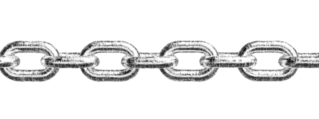 A grayscale image of a metal chain.  Continuous links form a horizontal line.  The links are oval-shaped with a rectangular section connecting them