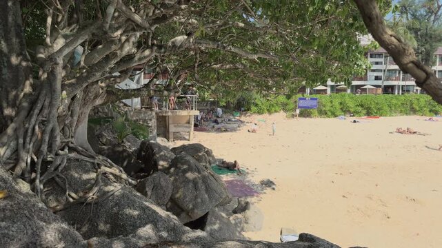 day time phuket island famous kata noi beach top slow motion panorama 4k thailand