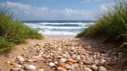 A scenic sandy path covered in shells leads to the tranquil ocean and waves under a partly cloudy sky