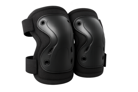 Pair of black protective knee pads with hard plastic shells and foam padding
