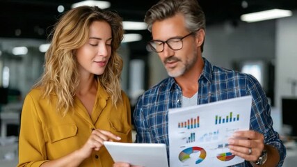 Collaboration in Analysis: A focused team engages in collaborative analysis, intently reviewing data visualizations and a tablet, fostering strategic decision-making and innovation.