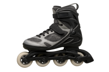 Gray and black inline skate boot with four beige wheels and strappy fasteners