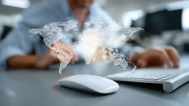 Global Connectivity: A close-up view of a person working on a desktop, with a projected world map hovering above the desk, highlighting global connectivity and the vast scope of the digital world.
