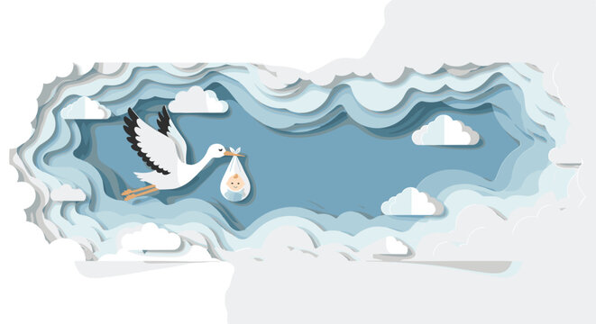 Gentle baby boy announcement background in a 3D paper cut style, featuring a stork delivering a baby through layered blue and white clouds.