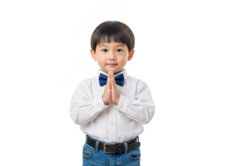 Cute little asian boy in white shirt and blue bow tie is praying isolated on transparent background