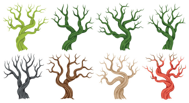 Collection of spooky, gnarled bare trees in various colors, perfect for Halloween, fantasy, or mystical-themed illustrations and designs.