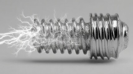 Close-up of a metal screw, partially overlaid with electricity-like effects, set against a neutral backdrop, creating an intense visual contrast.