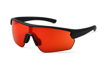 Sport sunglasses with red-orange wraparound lenses and black frame