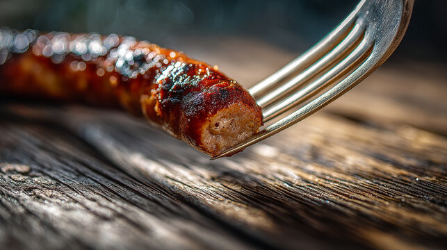 Juicy grilled sausage impaled on a fork over rustic wooden table