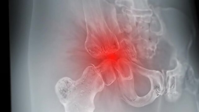Animation Displaying Hip Dysplasia Diagnosis and Pain Pointed Out on Multiple Human Hip X-Ray Images Highlighting Medical Conditions and Bone Health