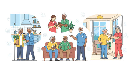 Diverse elderly people receiving care and enjoying activities in a supportive community setting