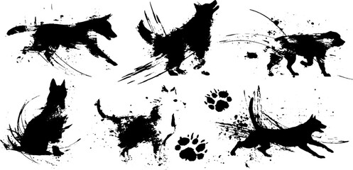 Obraz premium Minimal dog silhouettes with ink splatter design for posters and cards