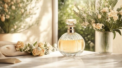 A glass bottle of perfume with a light floral scent, placed on a white marble surface, with a soft, light-colored backdrop that enhances the delicate design of the bottle