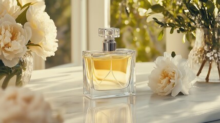 A glass bottle of perfume with a light floral scent, placed on a white marble surface, with a soft, light-colored backdrop that enhances the delicate design of the bottle