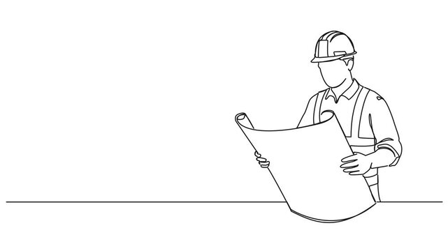 animated continuous line drawing of construction worker looking at blueprint, line art animation