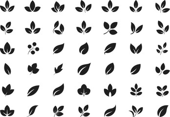 Collection of simple leaf silhouettes featuring botanical foliage icons, natural plant elements for eco design, vector illustration set