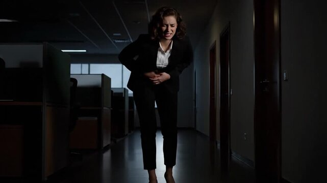Businesswoman Experiencing Severe Abdominal Pain in Office Hallway, Urgent Medical Condition, Health Issues during Work Hours, Unforeseen Health