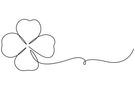 Four leaf clover continuous one line drawing minimalist outline illustration on white background.Minimalist four leaf clover continuous line art simple outline floral illustration.Vector illustration.